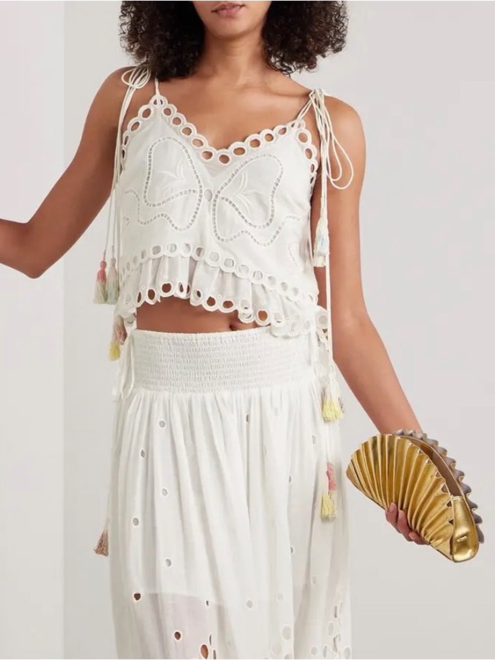 LoveShackFancy White Eyelet Butterfly Crop Top with Tassel Ties